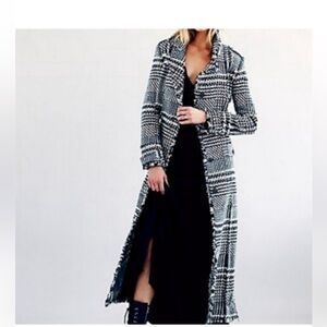 Free People Black and White Houndstooth Wool-Blend Raw Edge Long Coat